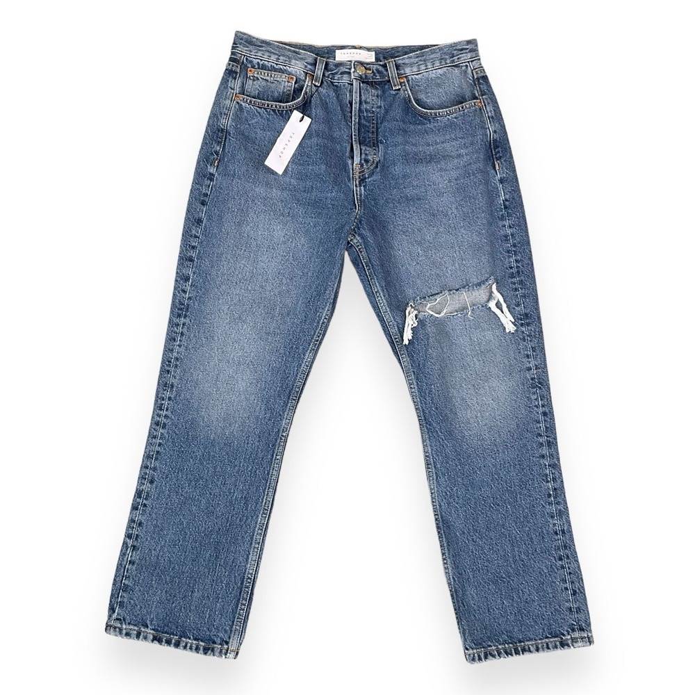 Topshop Jeans Women Size 31 (ACT‎ 31x26) Blue Dad Button Fly Cotton Rip Knee NWT